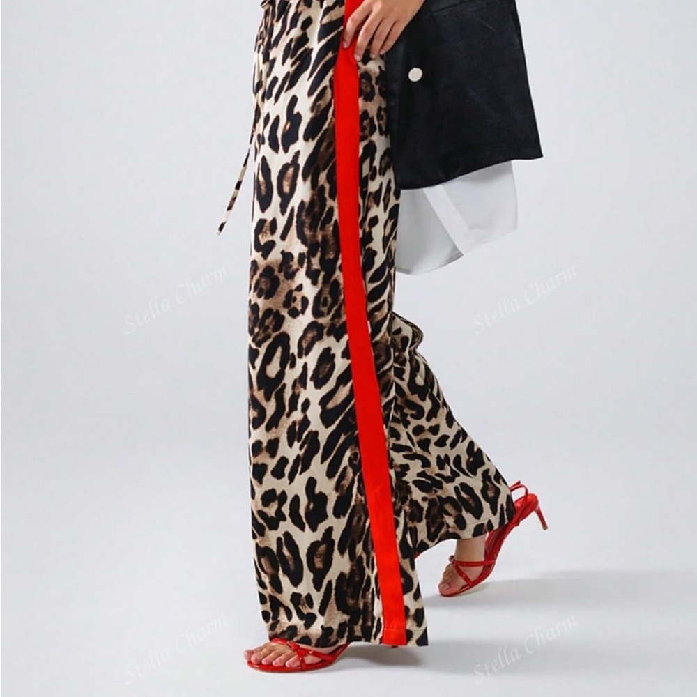 Leopard Print Pants with Red Stripe